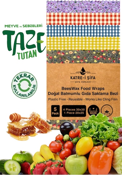 Balmumlu Doğal Gıda Saklama Bezi 5 Parça Balmumu Bez Beeswax Food Çok Renkli