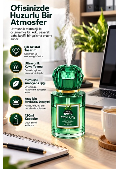 Auhma Af-13 Yeşil Araç Ve Ev Kokusu Difüzörü 120 Ml Kristal Işıklı Hava Nemlendirici Koku Makinesi