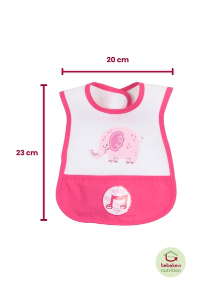 Düdüklü Cepli Sıvama Mama Önlüğü - Mutlu Fil Pembe Bebek Önlüğü Koyu Pembe