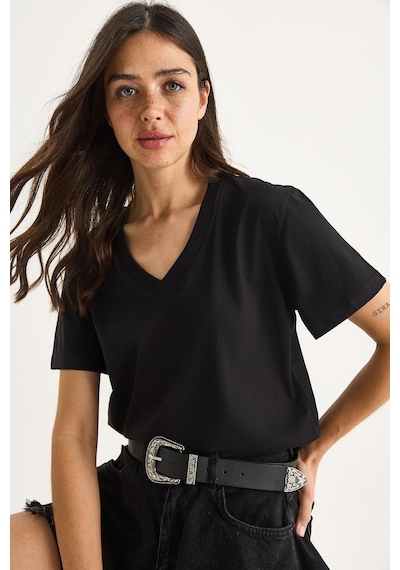 Shade Pamuk Derin V Yakalı Comfort Fit T-shirt 60602066 - Beyaz-siyah Beyaz - Siyah L