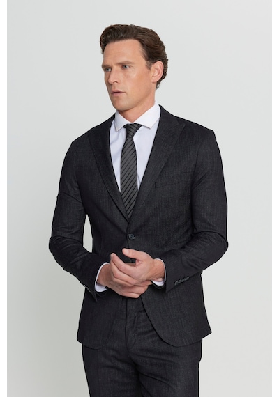 AC&Co / Altınyıldız Classics Erkek Sıyah Slim Fit Dar Kesim Kırlangıç Yaka Desenli Kapak Cepli Takım Elbise Siyah