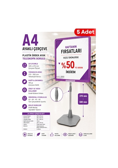 5 Adet - A4 Ayaklı Fiyat Etiketlik Teleskopik Borulu Çerçeve Etiketlik Yönlendirme Levhası Menü Panosu Mor
