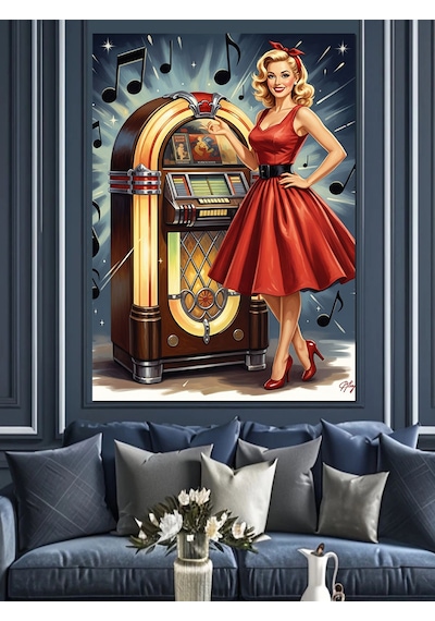 Ahşap Tablo Retro Müzik Kutusu Önünde Kadın İnsan Figürlü Tablolar