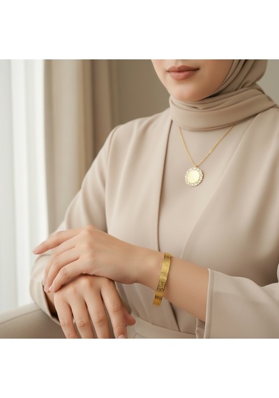 Taşlı Allah Yazılı Kolye Ve Ayetel Kürsi Bileklik Seti Gold Çelik İslami Takı Altın