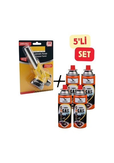 Çakmaklı Pürmüz Kamp Çakmağı Piknik Mutfak Tipi Otomatik Ateş Tutuşturucu Pürmüz Başlık + 4 Kartuş Sarı Sarı