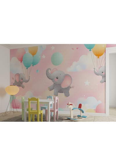 Balonlarla Uçan Filler Çocuk Odası Poster Duvar Kağıdı