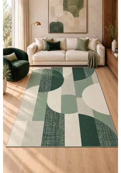 Yeşil Krem Geometrik Desenli Modern Salon Ve Oturma Odası Halısı Arco Sage