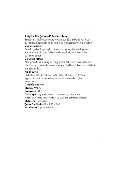 Walke 4 Kişilik Çift Bölmeli Aile Kamp Çadırı Su Geçirmez Polyester 460 X 230 X 185 Mavi