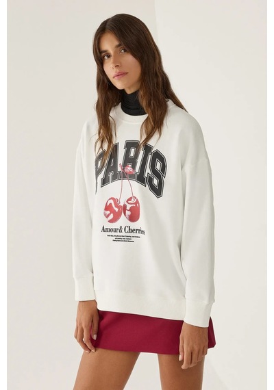 Hiccup Baskılı Rahat Kesim Bisiklet Yaka Sweatshirt Tozlu Beyaz