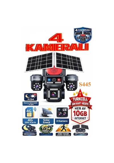 4 Kameralı Güneş Enerjili 4g Kamera 7/24 Kayıt 1 Yıl Her Ay 10gb