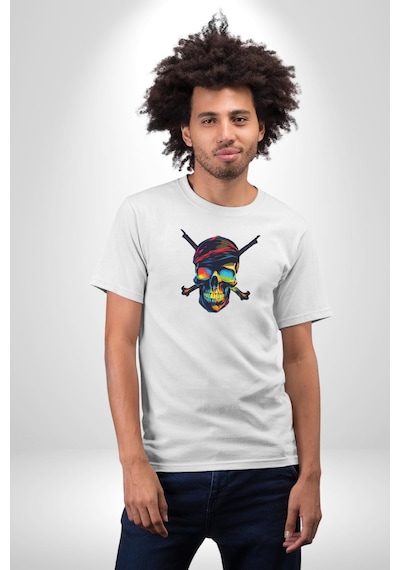 Korsan Kurukafa Unisex Unisex Beyaz Organik Baskılı T-shirt Penye Yüksek Kalite Beyaz