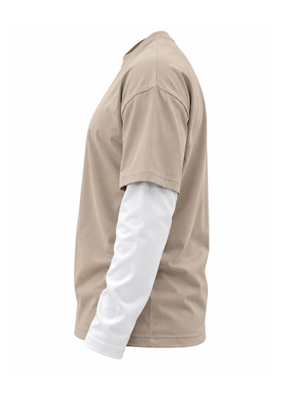 Coalcity Coal City Erkek Ekru Oversize Çift Renkli Uzun Kollu T-shirt Bej - Beyaz