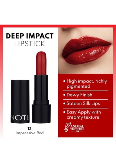 Note Cosmetics Deep Impact Lipstick 13 Impressive Red Kremsi Dokulu Yarı Parlak Ruj, Kırmızı 00