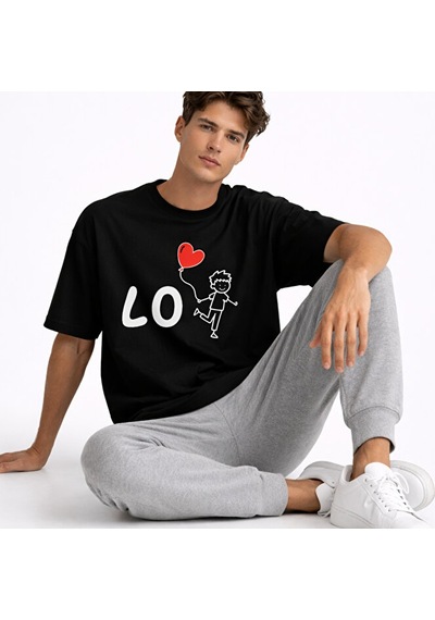 Sevgili Kombini Love Baskılı Çift Tişört Oversize Unisex Partner Siyah-bej