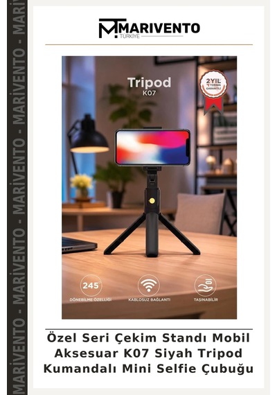 Özel Seri Çekim Standı Mobil Aksesuar K07 Siyah Tripod Kumandalı Mini Selfie Çubuğu