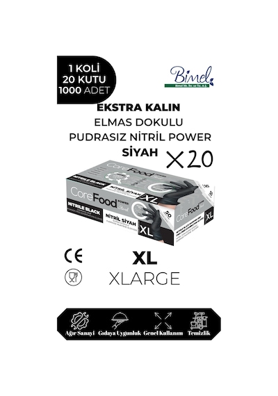 Nitril Siyah Power Muayene Eldiveni Xl - 1 Koli-20 Paket-1000'li