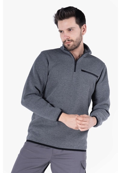 3 İplik Dik Yakalı Fermuarlı Sweatshirt Füme Melanj