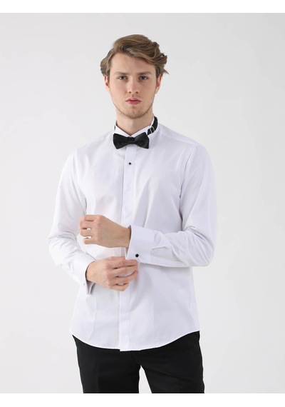 Dufy Beyaz Erkek Slim Fit Düz Ata Yaka Duble Manşetli Kol Gömlek - 94418-beyaz Beyaz
