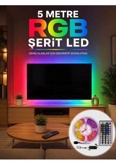 5 Metre Rgb Şerit Led 5050 Smd Uzaktan Kumandalı Renkli Dekoratif Led Aydınlatma Seti Adaptor Sec-Kumanda-Metraj Seç Yok-Kumanda-Yok