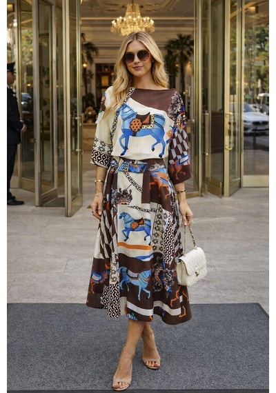 Asprinfashion Kayık Yaka Yarasa Kol Bluz Etek Takım Kahverengi