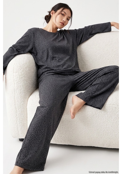 Siyah İnci Leopar Baskılı Örme Pijama Takım 8078 Antrasit Leopar