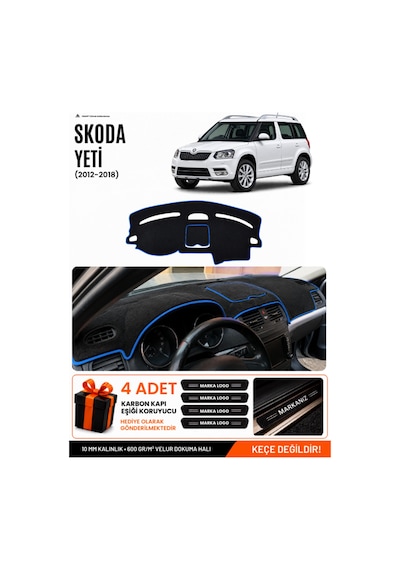 Skoda Yeti 2012-2018 Uyumlu Torpido Koruma, Torpido Örtüsü, Torpido Kılıfı - Siyah-mavi - Sk013