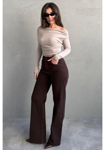 Kahverengi Yüksek Bel Likralı Taşlı Kadın Jean Pantolon Mg2271 Kahverengi