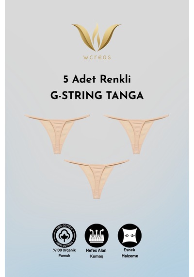 Wcreas Kadın İpli Tanga, Pamuklu Yumuşak Kumaş G-string Tanga 5'li Paket Ten Ten