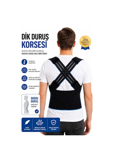 Elilom Premium Dik Duruş Korsesi Omuz Sırt Ve Bel Destekli, Cırtlı Çapraz Tasarım Siyah