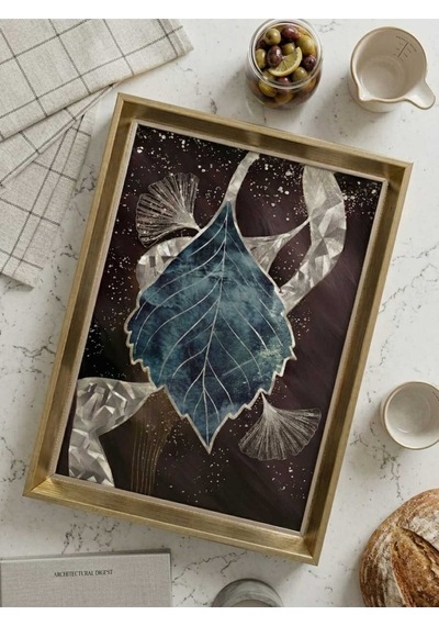 Ginkgo Yaprağı Desenli Dekoratif Tepsi & Çerceveli Çay Kahve Sunum Tepsisi