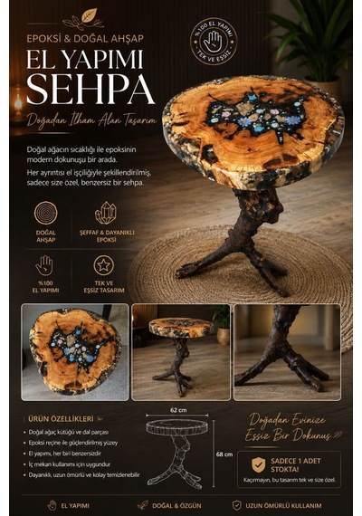 Epoksi Ve Doğal Ağacın Eşsiz Birleşmesi El Emeği Yan Sehpa Üst Tabla 47x47 Cm Yükseklik 66 Cm Üst Tabla Kalınlığı 5 Cm