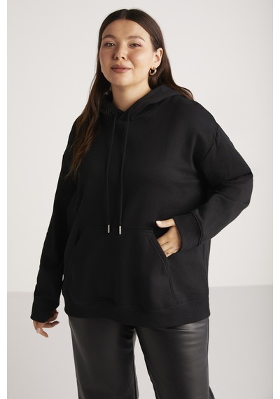ETHIQUET TEREZABB Kadın Içi Polarlı Yumuşacık Comfort Fit Kapüşonlu Kanguru Cep Siyah Büyük Beden Sweatshirt