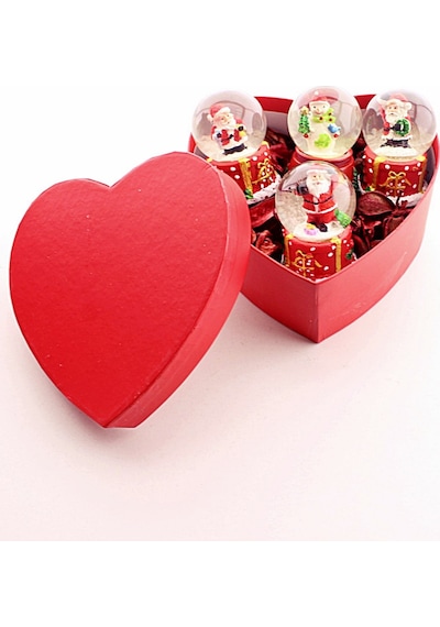 Özel Kalp Kutu İçinde 4 Adet Mini Noel Baba Kar Küresi 6,5 Cm