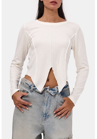 Kadın Ekru Renk W5 Asimetrik Kesim Crop Fit Tasarım Body Beyaz