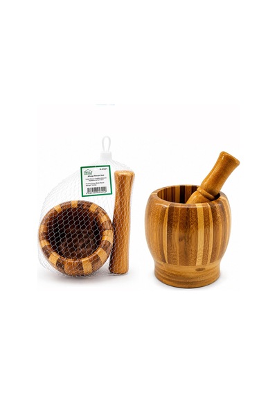 Ahşap Bambu - Çizgili Havan Sarımsak Dövecek Ç: 8cm--d: 7cm--y:10.5cm Fileli Ambalaj 5671