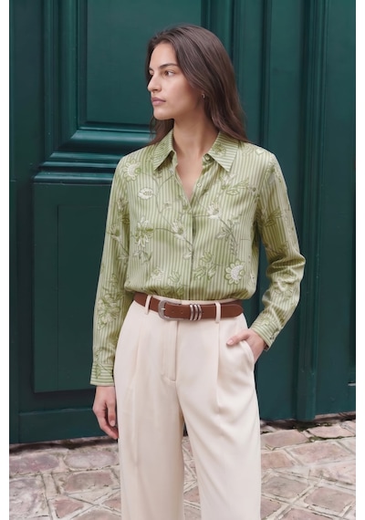 Sateen Çizgi Ve Çiçek Desenli Gömlek - Haki-137459