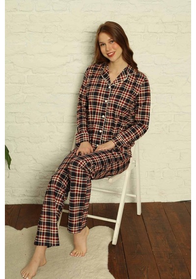 Farya Home Dreamy Ekoseli Pamuklu Biyeli Uzun Kollu Gömlek Pijama Takımı Ekose Siyah