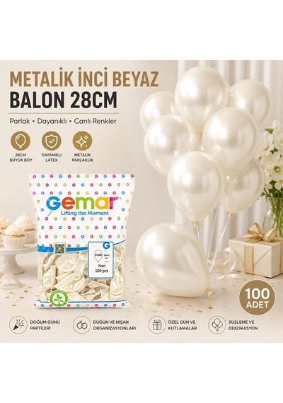 Gemar Gm-110-28 Balon 28cm 11'' 100 Adet Pearl Metalik İnci Beyaz Standart