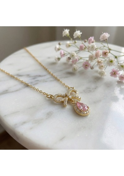 Altın Kaplama Pembe Damla Taşlı Çelik Kurdele Kolye Gold
