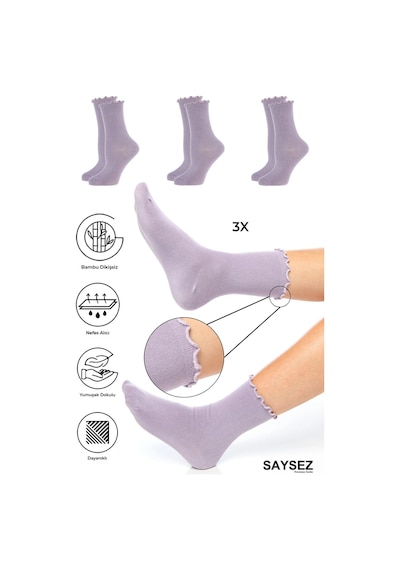 Saysez Bambu Kadın Lastiksiz Lila Fırfırlı Soket Dikişsiz Çorap 3'lü Paket / İz Bırakmaz / Sıkmayan Çorap Renkli