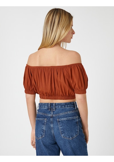 Koton Crop Bluz Omzu Açık Lastikli Kahverengi 3sak60010pw