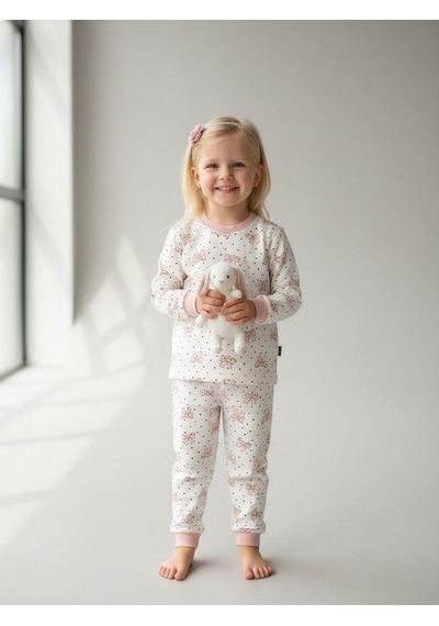Kız Çocuk Pamuklu Fiyonk Baskılı Pijama Takımı-16833 Pudra