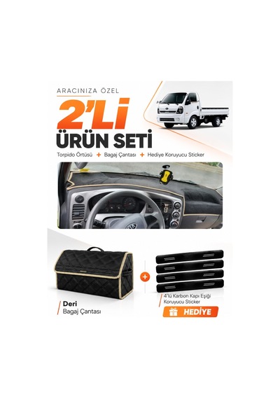 Kia Bongo 2004-2019 Uyumlu Torpido Örtüsü + Deri Bagaj Çantası + Sticker Seti - Siyah Bej