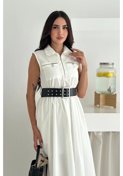 Asprin Fashion Paraşüt Kumaş Kemerli Elbise Beyaz Beyaz