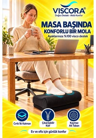 Ayak Destek Pedi Masa Altı, Ofis Ve Ev İçin Visco İki Katmanlı Kaymaz Ayak Minderi Siyah