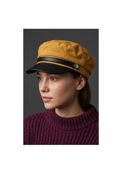 Emybox Kadın Süet Dokulu Deri Siperlikli Kaptan Şapka Vintage Kasket Şerit Detaylı Kışlık Ressam Şapkası Baker Boy Trend Aksesuar Hardal Sarı