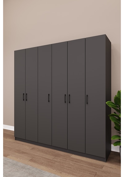 Asra Trend 6 Kapaklı Gardırop G-06 %100 MDF Çift Katlı Askılı Elbise Dolabı Koyu Gri