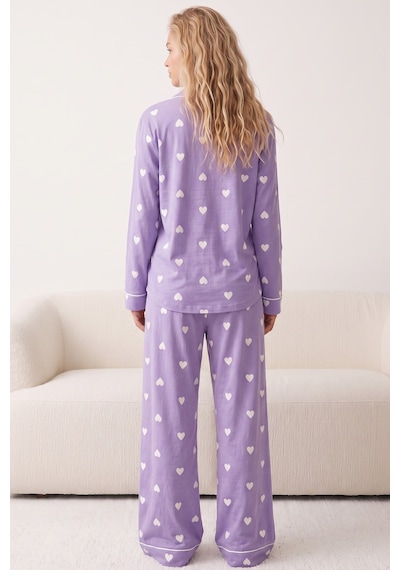 Siyah İnci Düğmeli Biyeli Oversize Pamuklu Örme Pijama Takım 8071 Lila Ekru Siyah İnci Düğmeli Biyeli Oversize Pamuklu Örme Pijama Takım 8071 Lila Ekru