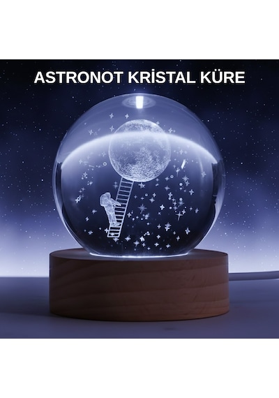 Lazer İşlemeli 3d Astronot Kristal Küre Led Işıklı Uzay Temalı Gece Lambası