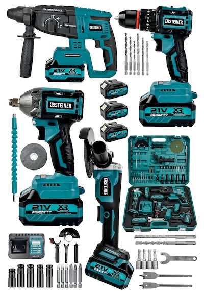 Steiner 21v Darbeli Kömürsüz Kırıcı Delici Hilti & Taşlama & Matkap & Somun Sıkma Sökme 4'lü Set Mavi